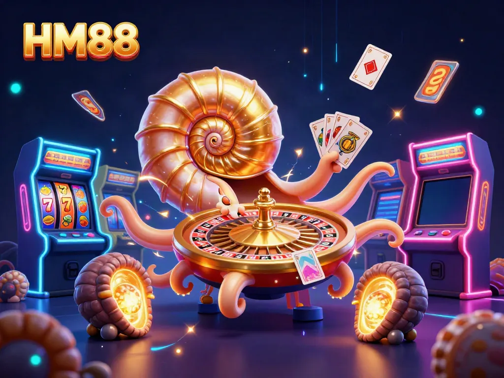 Engage with HM88's vibrant casino world featuring a giant nautilus roulette wheel and classic slot elements.