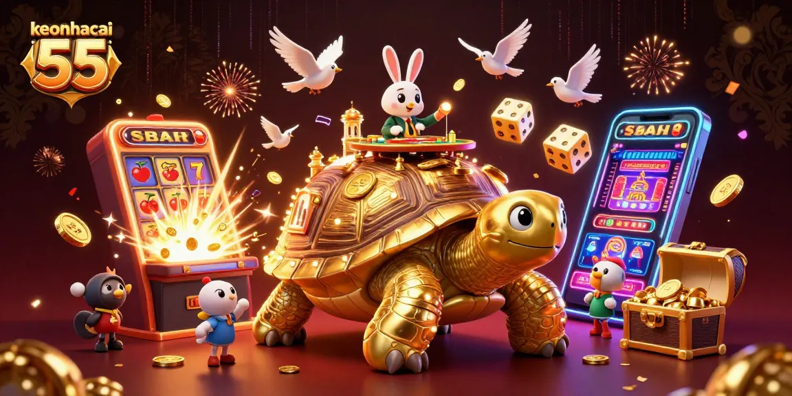 Experience excitement with keonhacai 55 featuring a vibrant casino scene full of slot machines and fun.