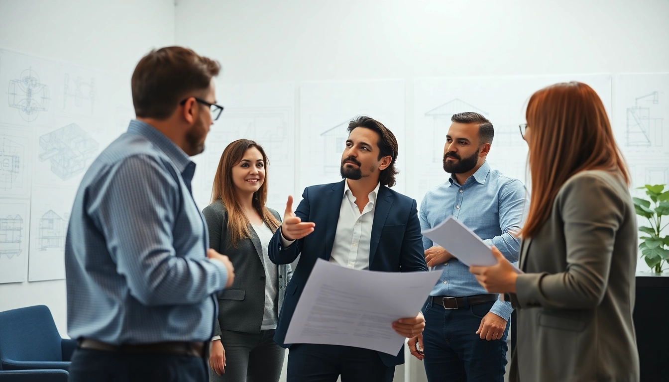 Headhunter Ingenieure im Gespräch mit Ingenieuren in einem modernen Büro.