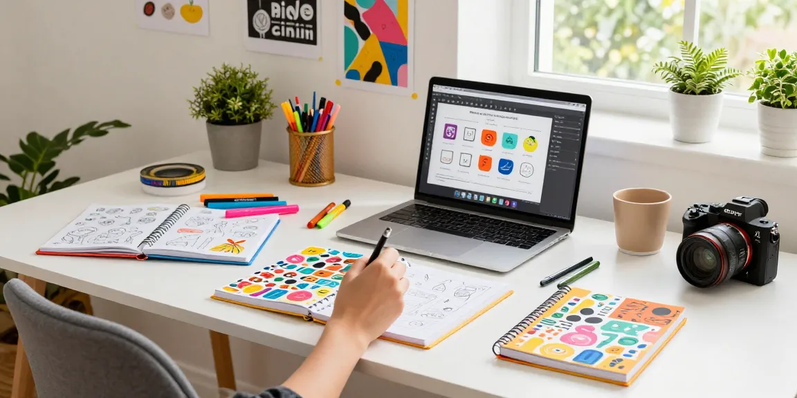 Custom printed notebooks being designed in a colorful and energetic workspace filled with creativity and inspiration.
