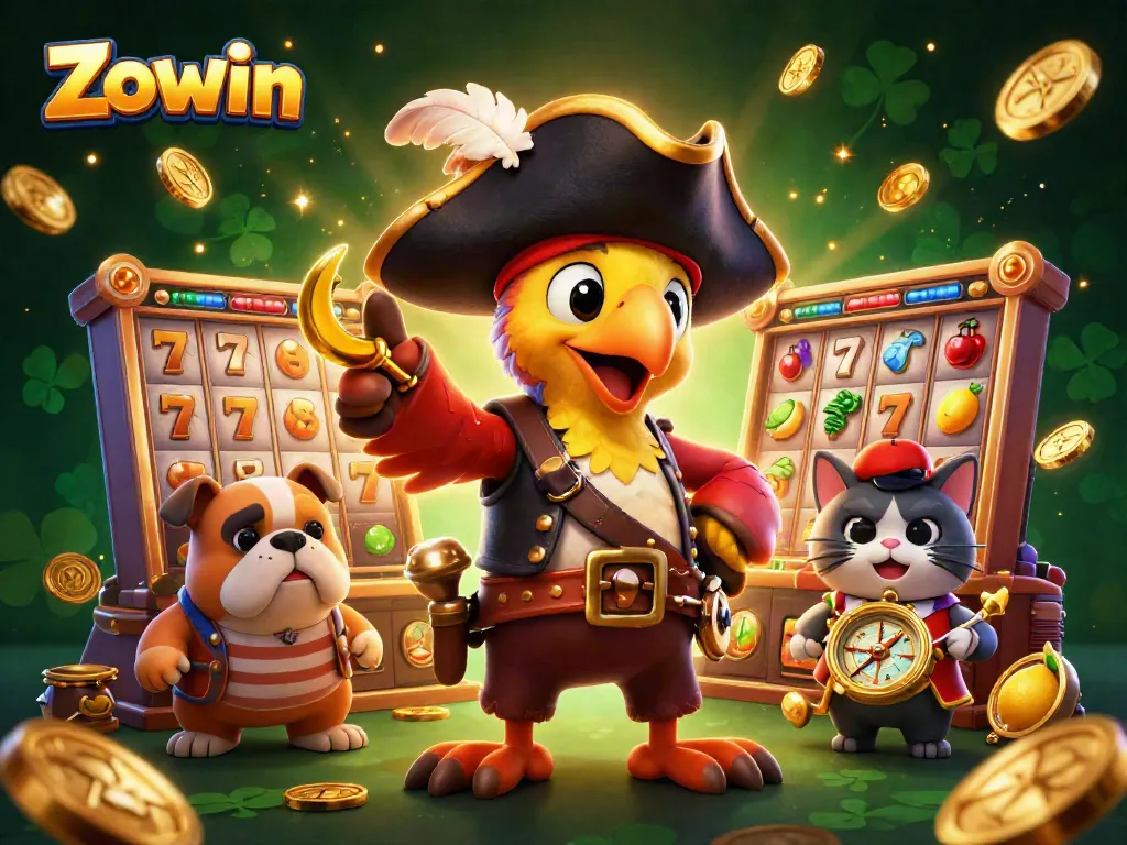 Zowin offers thrilling slots with rotating reels and vibrant characters in this exciting casino scene.