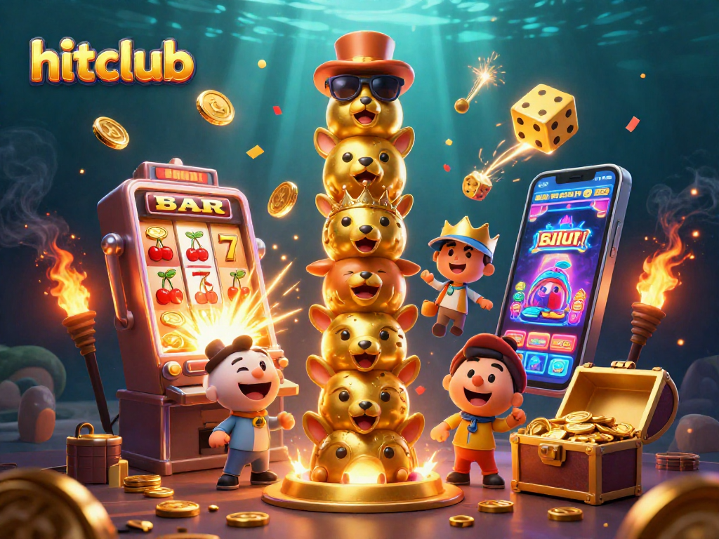 Experience the excitement of hitclub with a 3D jackpot explosion, vibrant slot machine, and colorful casino elements.