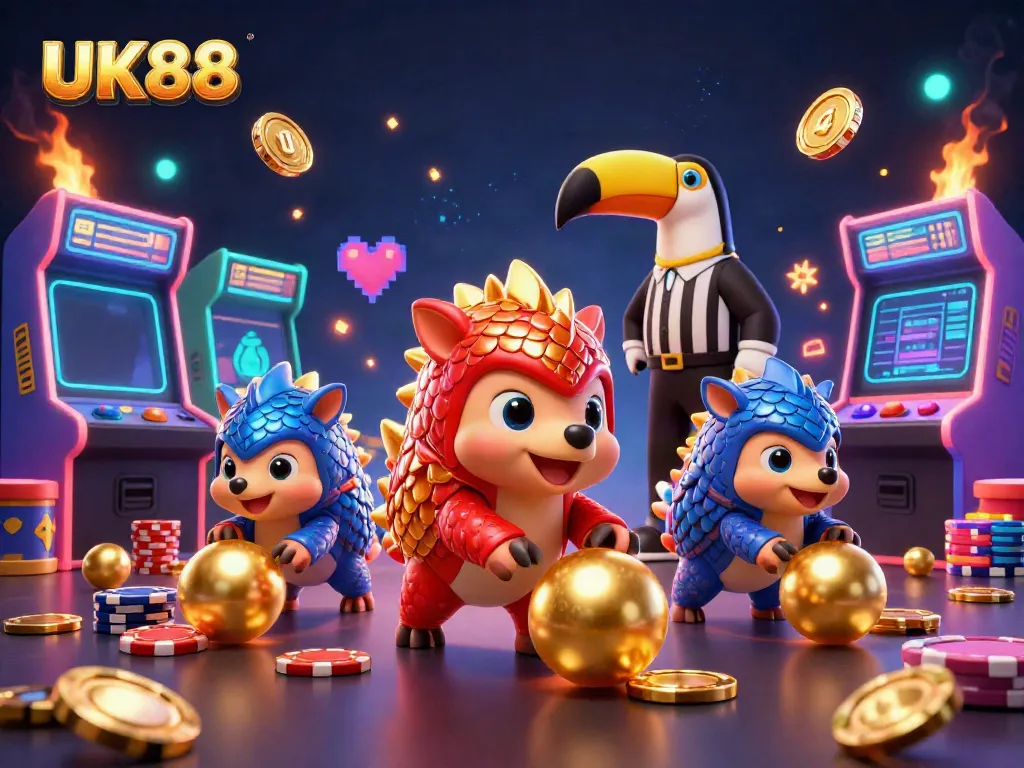 Join the excitement at UK88 as rival pangolins compete in a thrilling poker chip bowling match.