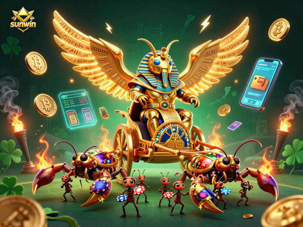 Experience the thrill of sunwin with a golden scarab and scorpion chariot in a vibrant casino setting.