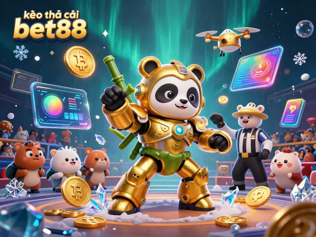 A dynamic scene showcasing kèo nhà cái bet88 with a mech-suit golden panda in a vibrant casino arena.