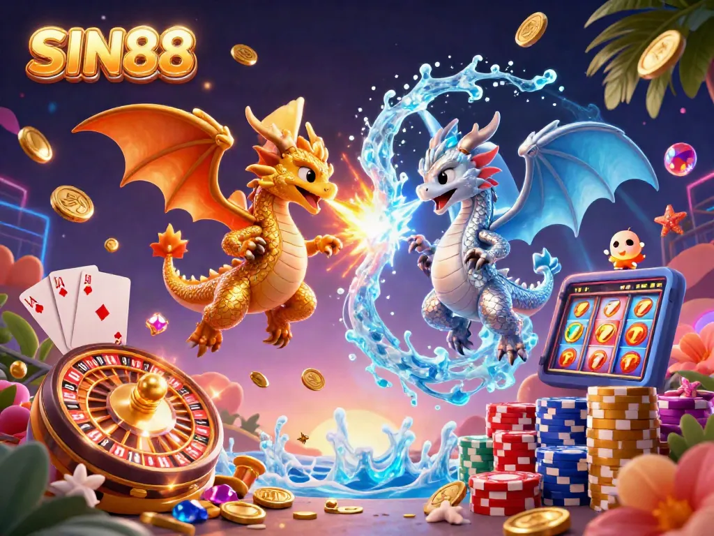 Experience the excitement of SIN88 with a dynamic illustration of gaming elements featuring dragons, golden coins, and vibrant casino themes.