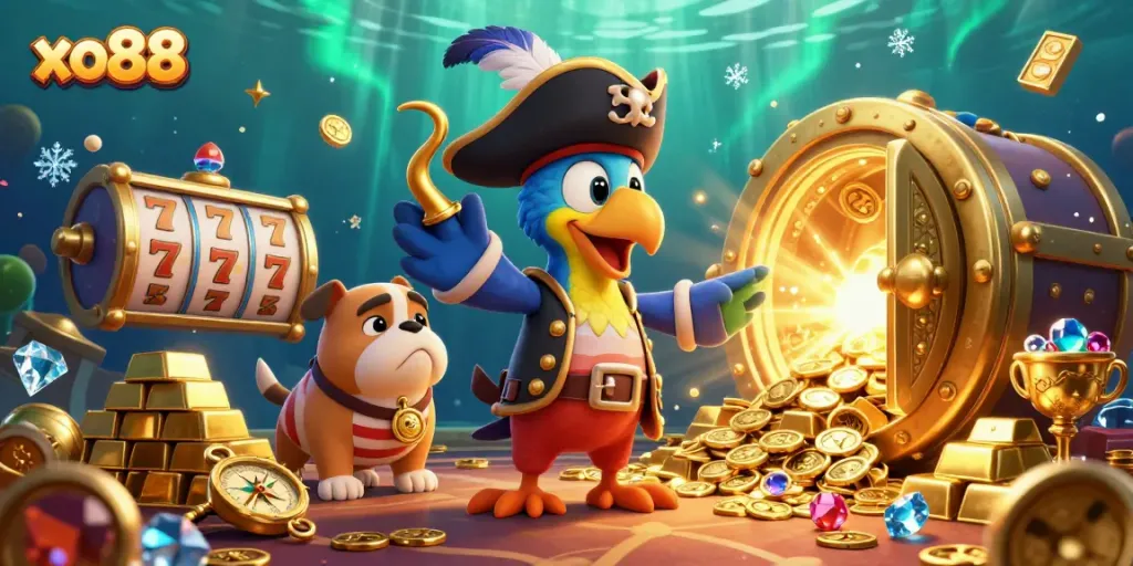 Engage in the thrilling world of xo88 with vibrant casino-themed elements surrounding animated characters, enhancing the gambling excitement.