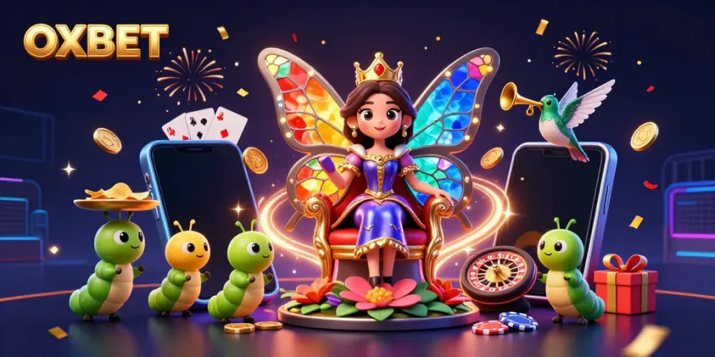 Join the vibrant OXBET gaming celebration with a butterfly queen and casino elements.