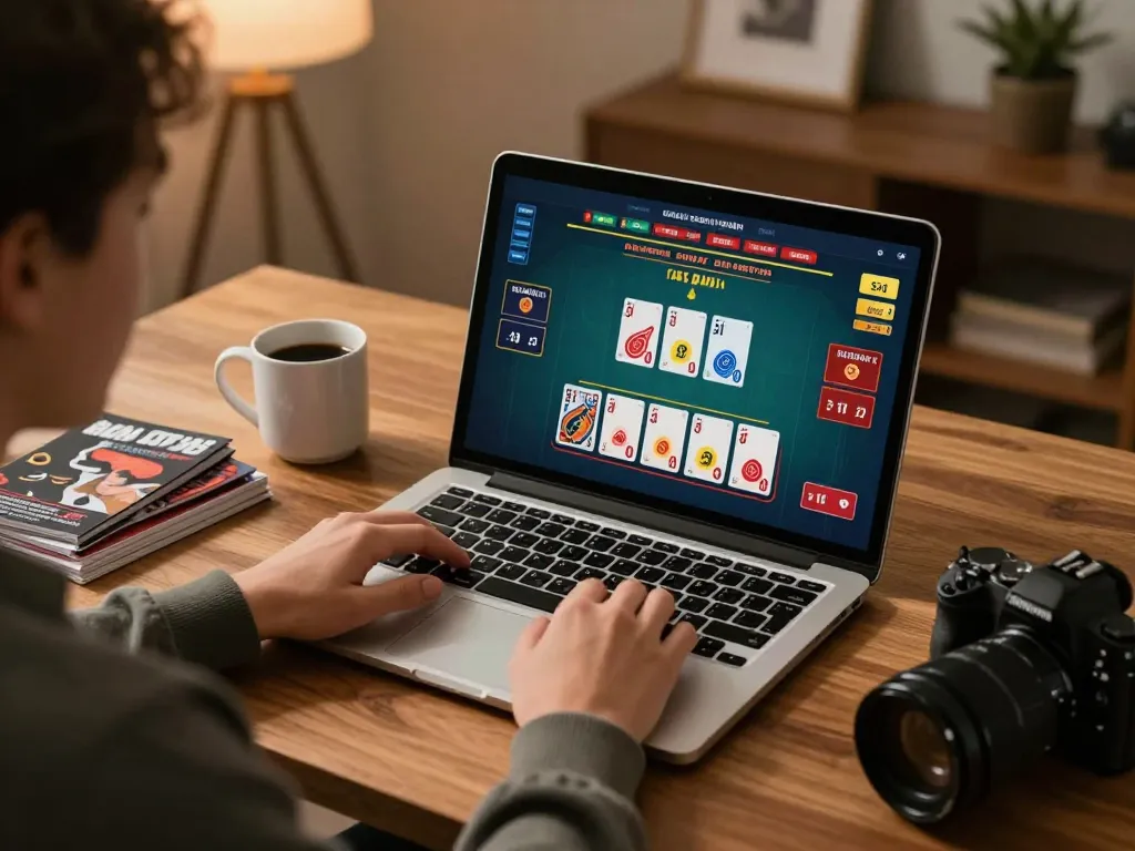 Engaging in online baccarat with bsport at a stylish home office setup, showcasing responsible gaming.