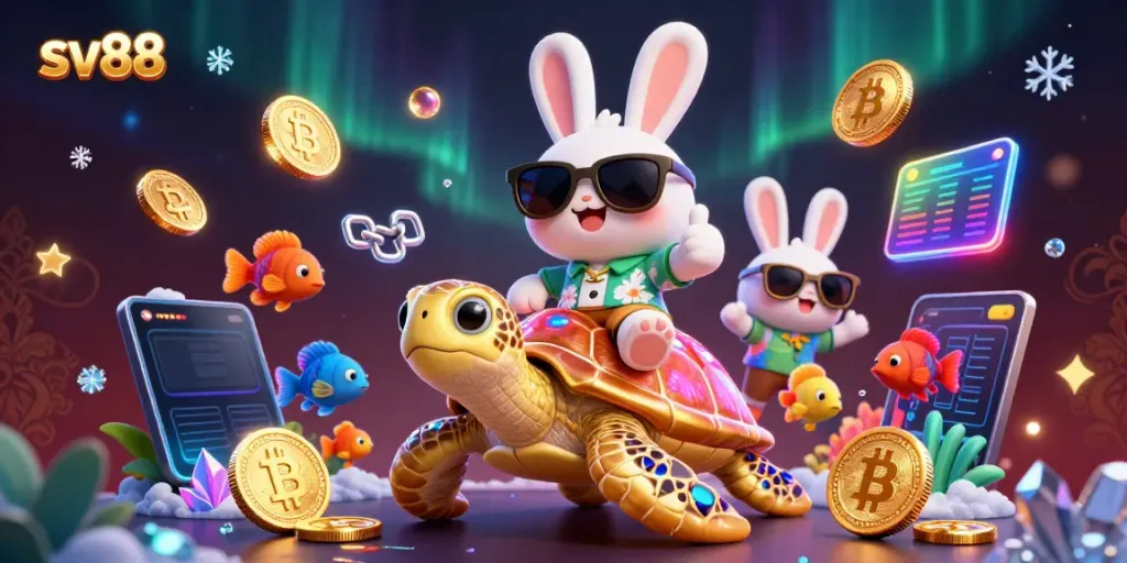 Engage in exciting betting with sv88, illustrated through a playful scene of luck and crypto-themed gambling.