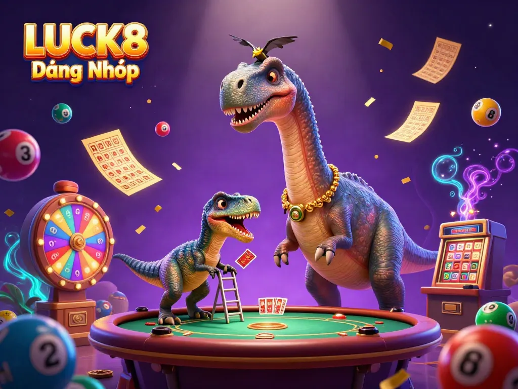 Experience thrilling LUCK8 Đăng Nhập moments with a fun 3D casino illustration showcasing vibrant gaming elements.