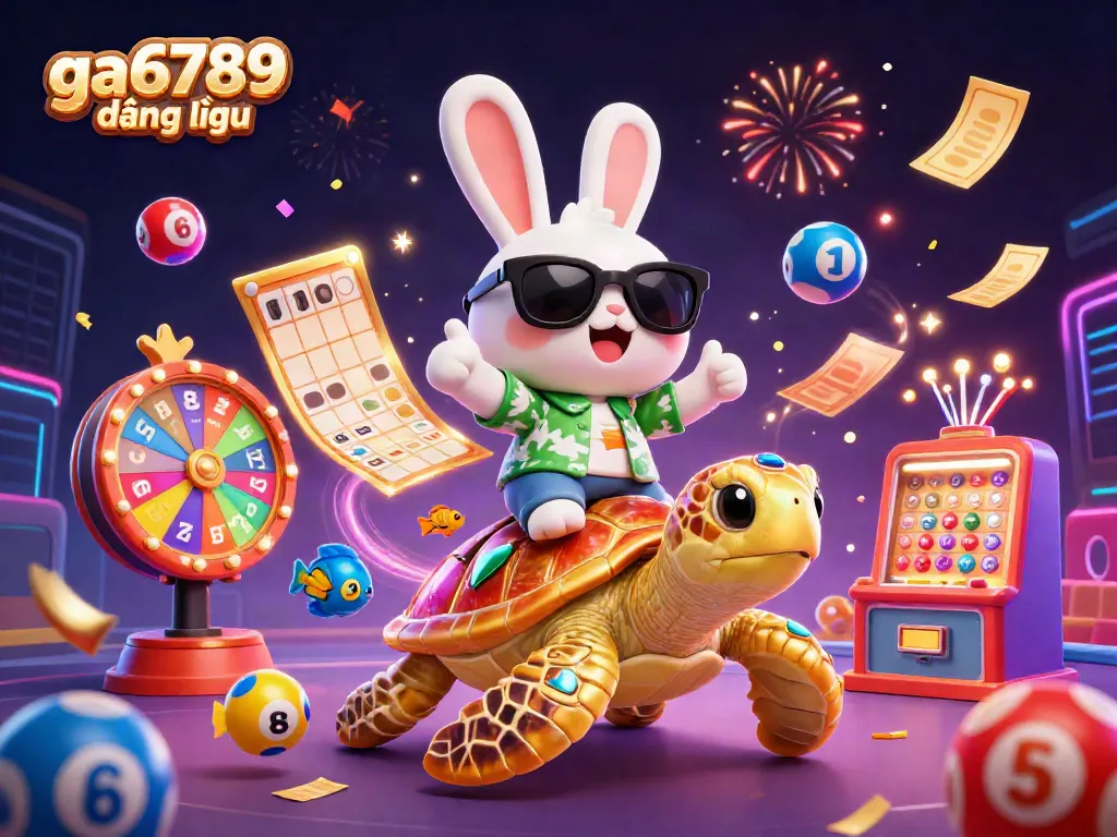 Experience ga6789 đăng nhập with a vibrant casino atmosphere featuring a lucky rabbit and sea turtle in a festive 3D illustration.