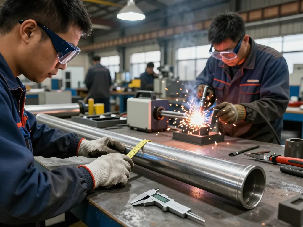 Workers at Sumwin's stainless steel pipe workshop assessing and assembling high-quality materials.