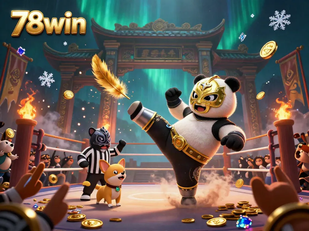 Experience exciting 78win casino action with a wrestling panda, chihuahua referee, and excited animal spectators in a lively casino showdown.
