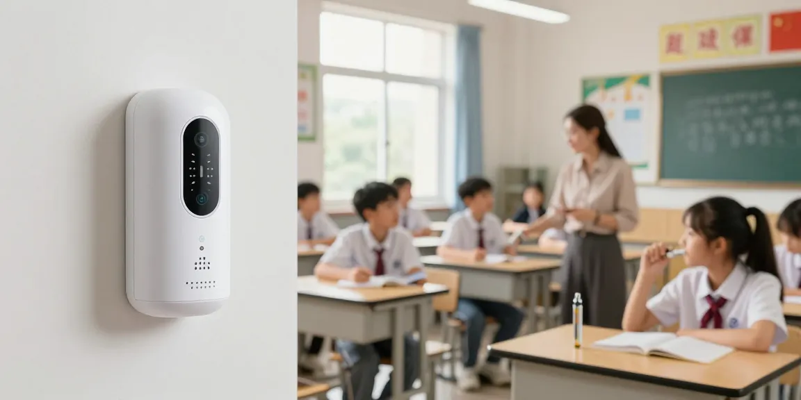 Vape-Detektor in einem Klassenzimmer, um die Luftqualität zu überwachen, während Schüler arbeiten.
