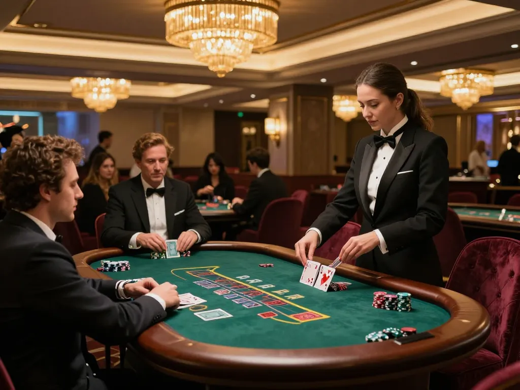 BL555 players engage in intense blackjack gameplay at an upscale casino table.
