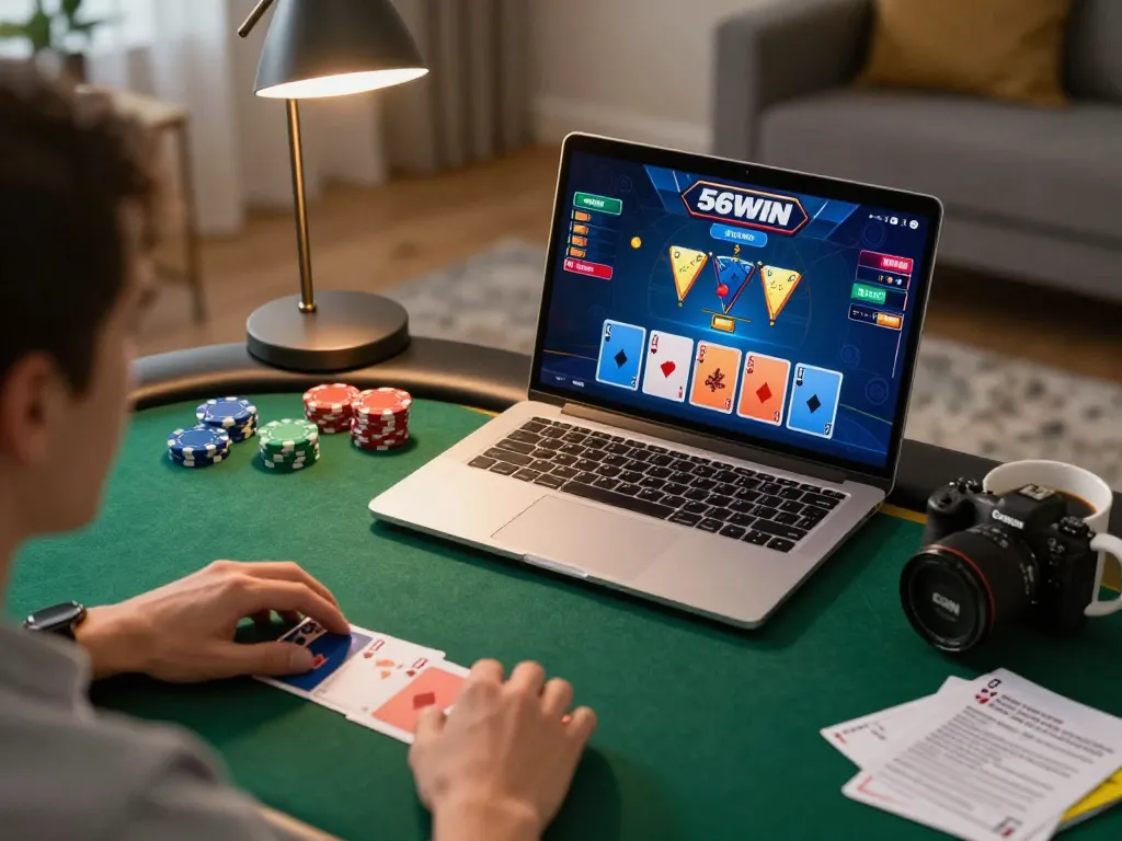 56WIN gaming player strategizing high-stakes poker on laptop at home setup
