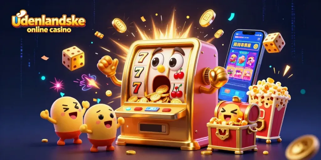 Experience the thrill of udenlandske online casino with a lively 3D illustration of animated slot machines celebrating a jackpot.