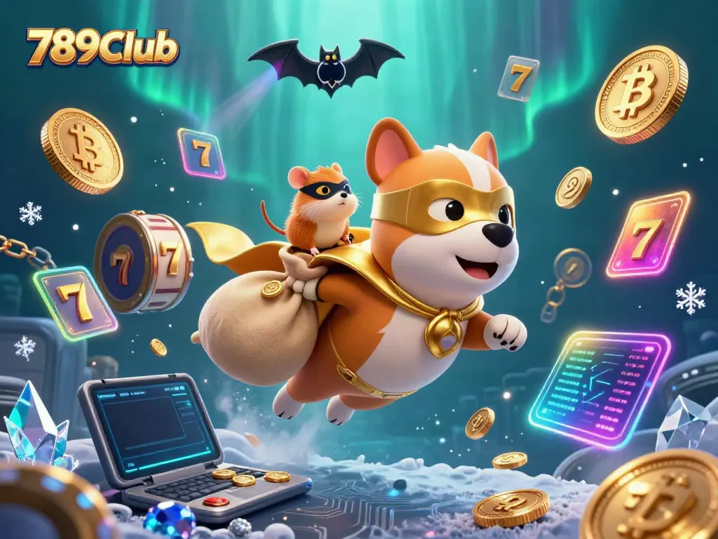 Join the 789Club adventure with a superhero dog and hamster amidst vibrant slot machine elements.