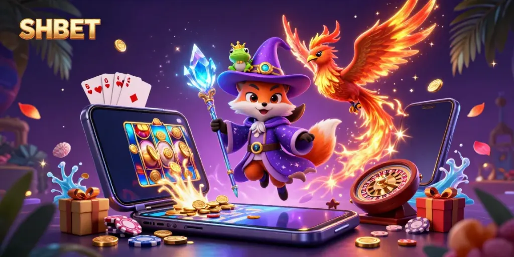 Spin the reels with SHBET's magical 3D casino scene featuring a wizard fox and exciting games.