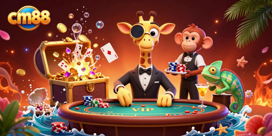 Experience thrilling moments at cm88's casino with a high-roller giraffe and cheerful characters.