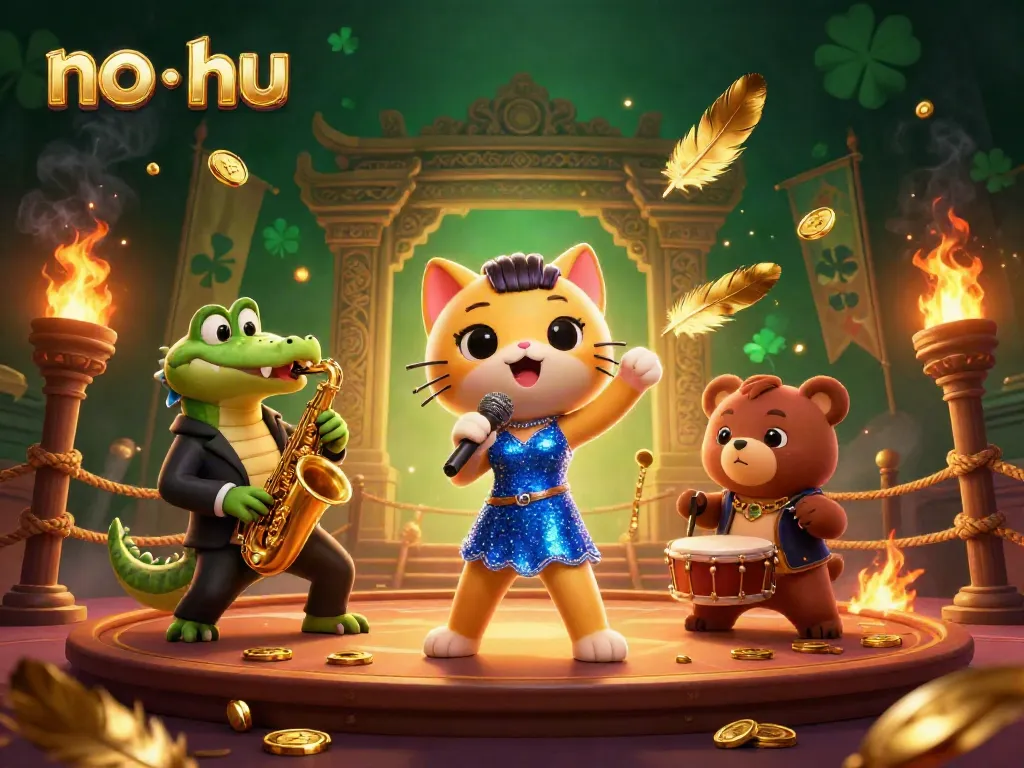 Engage with no hu gaming excitement featuring a jazz-singing cat, crocodile, and bear in a vibrant casino setting.