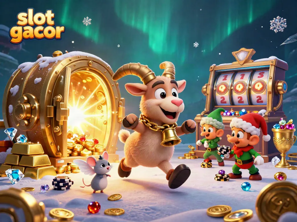 Experience slot gacor thrills in a vibrant casino scene with a festive Krampus goat and mischievous gremlins.
