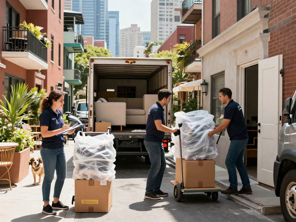 Moving professionals loading a truck with furniture and boxes, showcasing efficient movers in action.