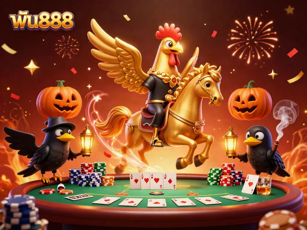 Experience thrilling gaming at ฟัน888 with a vibrant casino scene featuring a golden rooster and friends.