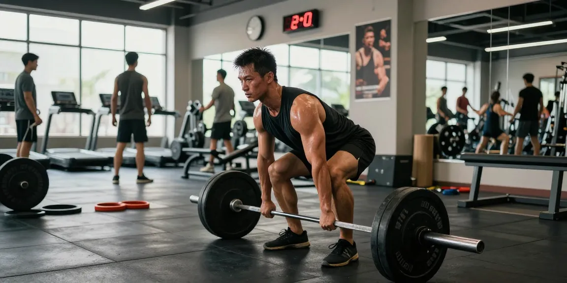 Bodybuilder lifting weights in Anabolika Shop gym, energetic atmosphere with fitness equipment and motivational elements.