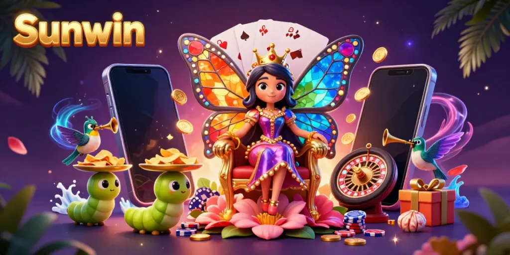 Experience casino magic with Sunwin's vibrant 3D illustration of a butterfly queen and gaming elements.
