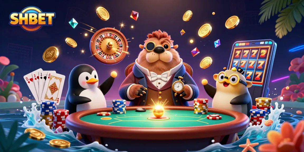 Engage with SHBET in this vibrant underwater casino scene featuring poker action and animated gem stones.