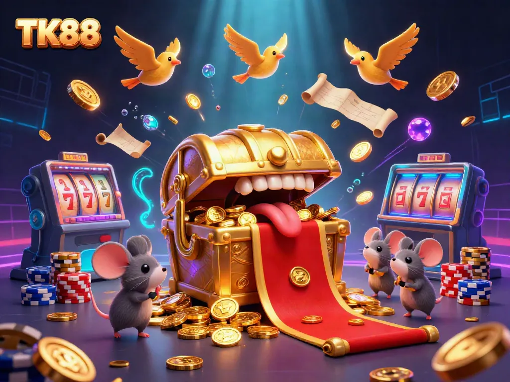 Engage with TK88's thrilling gaming atmosphere featuring a cartoon treasure chest, flying coins, and vibrant jackpots.