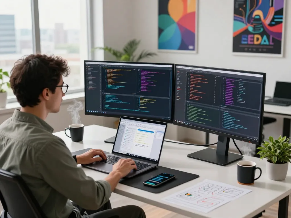 Software developer using 谷歌浏览器 at a modern workspace with dual monitors and coding tools.