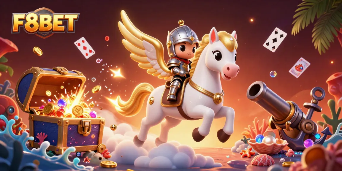 Experience the excitement of F8BET as a celestial knight explores fantasy treasures in this stunning 3D scene.