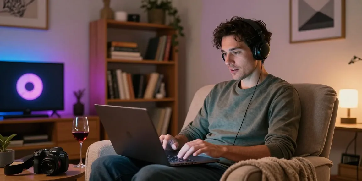 Engaging in an nsfw ai chat experience at home, cozy atmosphere with mood lighting.