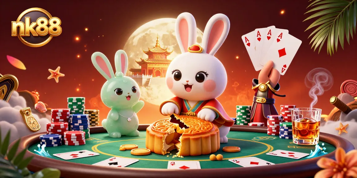 Engage in winning strategies with nk88 at a vibrant 3D casino scene featuring poker and moon-themed elements.