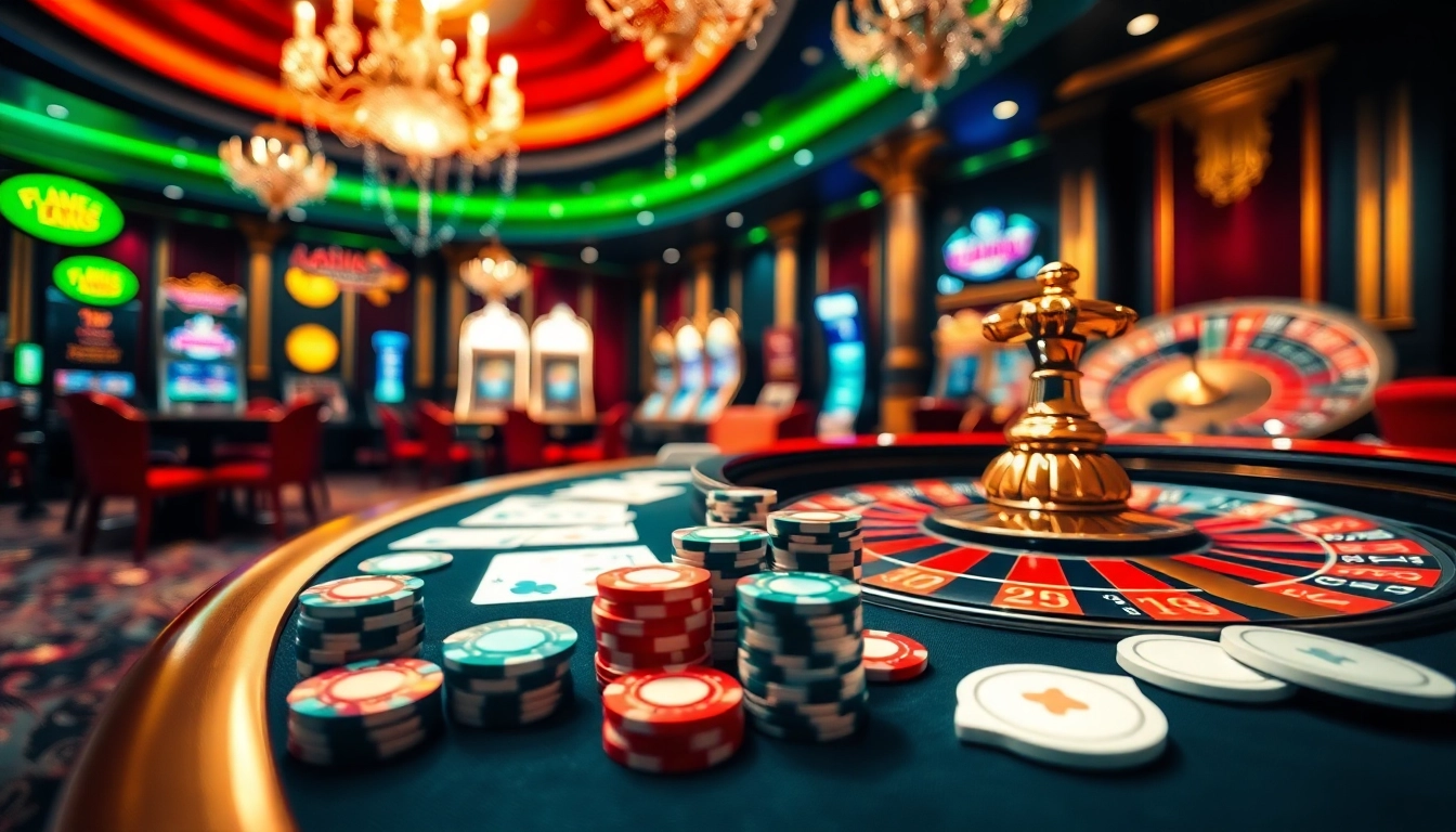 Cazinouri online Germania cu un setup elegant de cazinou, cu fise de poker, cărți și o ruletă.