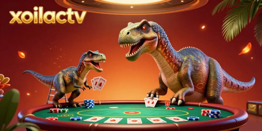 Experience the vibrant energy of xoilactv poker with a playful dinosaur dealer in a lively casino.