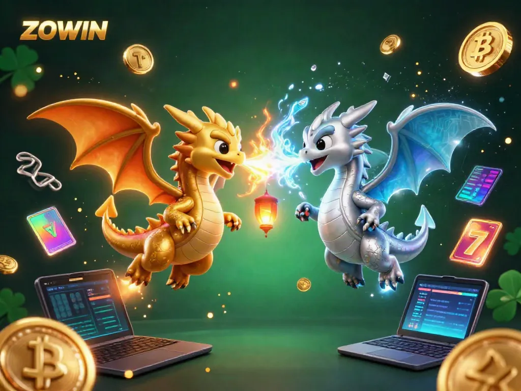 ZOWIN dragons battling amidst vibrant casino elements, showcasing jackpot excitement.