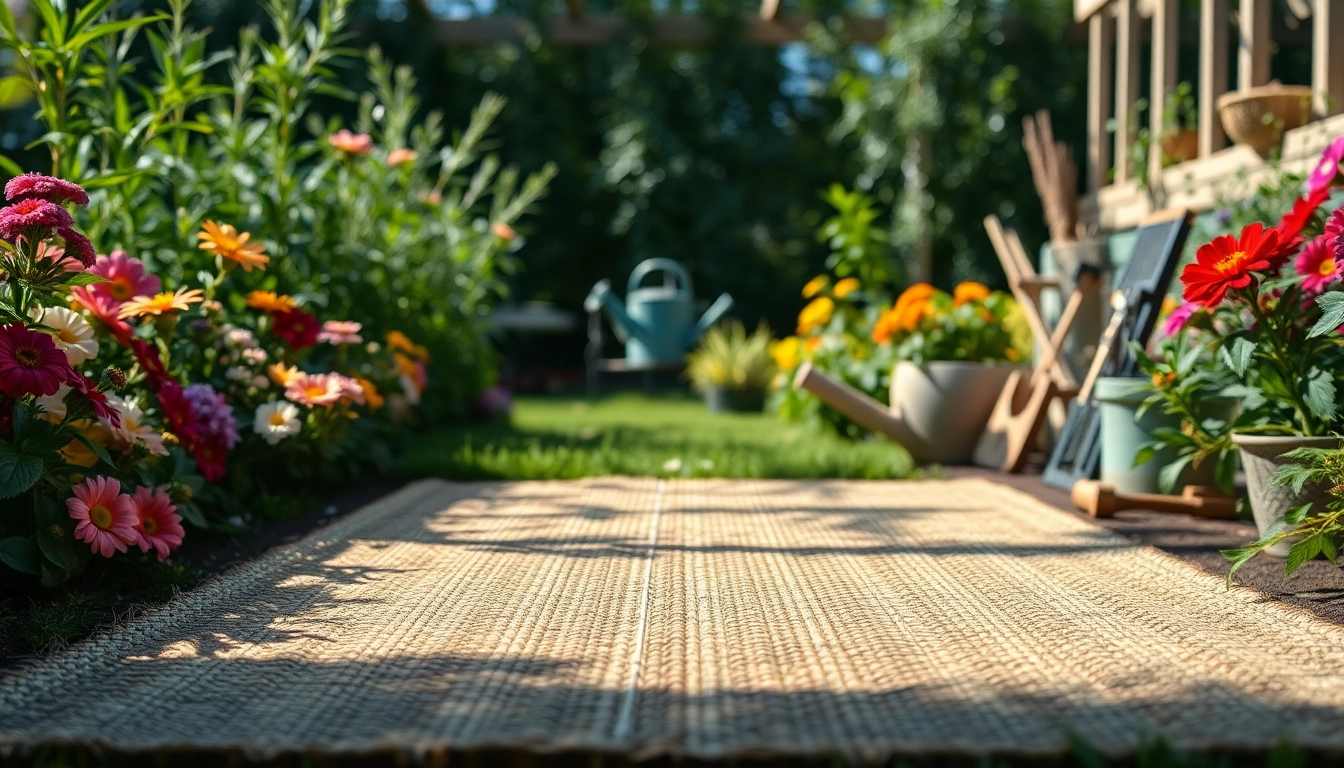 Hanfmatte in einem ruhigen Garten, umgeben von Grün und Blumen, zeigt natürliche Materialien.