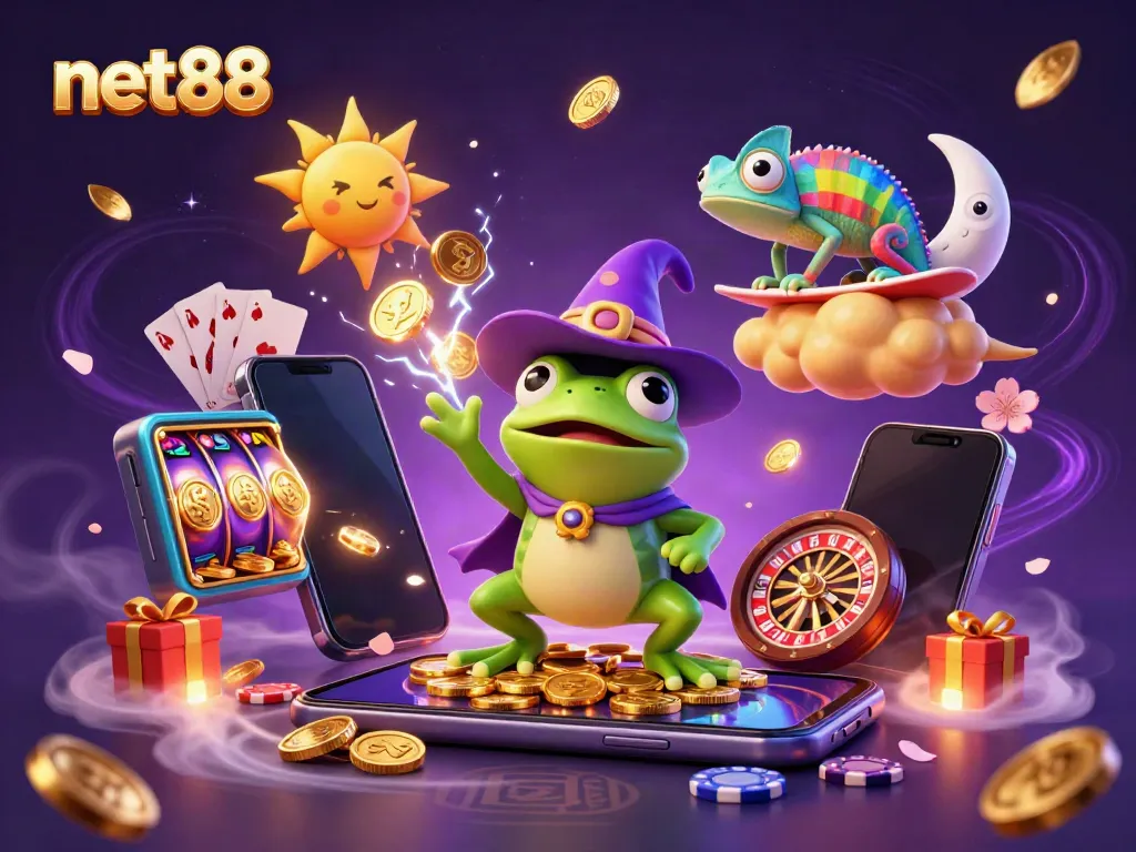 Experience thrilling wins with net88's vibrant casino action featuring a wizard, chameleon, and golden coins.