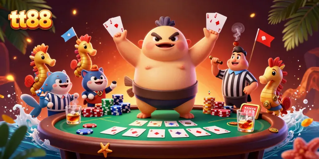 Play and win big with tt88 at an underwater casino illustrated with vibrant cards and chips.