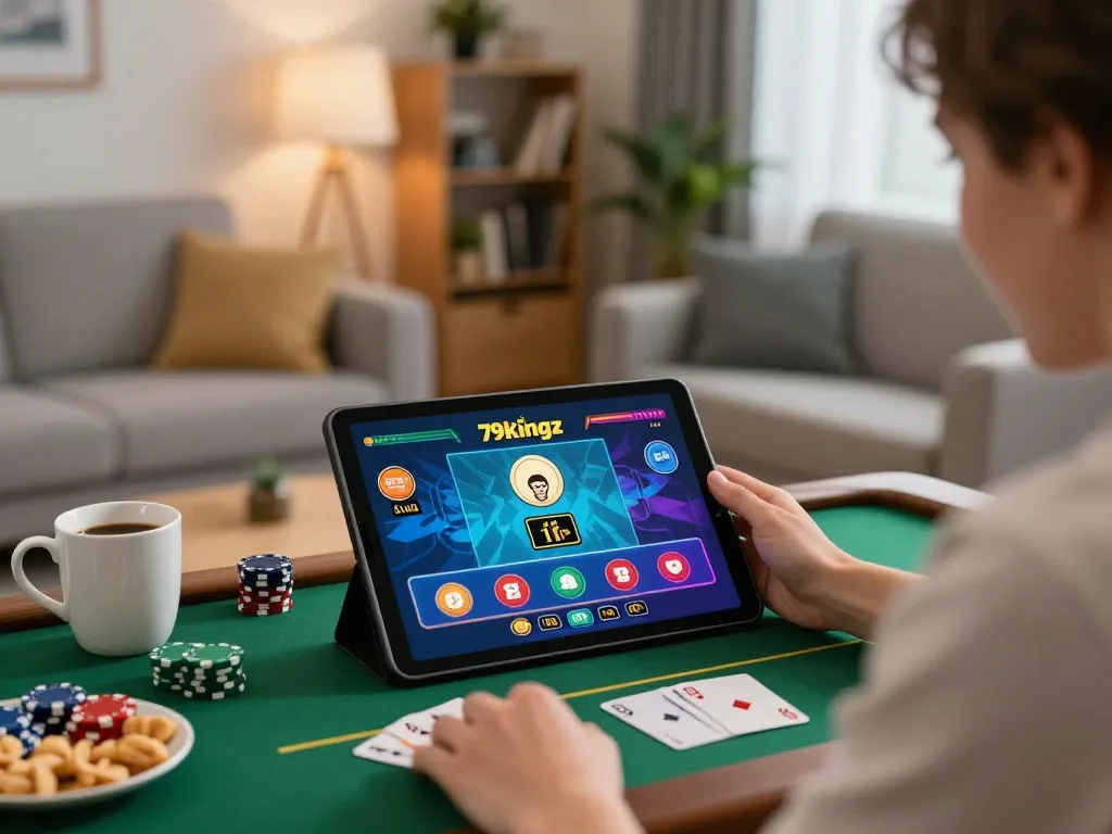 Experience exhilarating gameplay at 79kingz on a tablet as snacks and chips are ready.