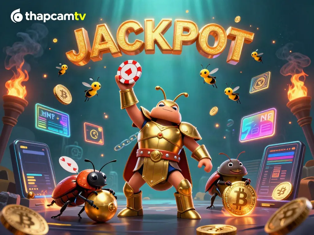 Experience the thrill of thapcamtv as a hercules beetle celebrates a poker win with dynamic gaming elements.
