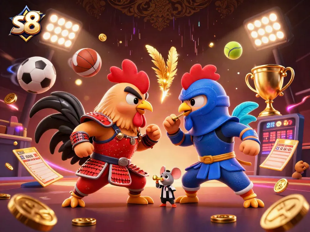 Engage in an exciting showdown with s8's dynamic fighting roosters in a vibrant casino scene.