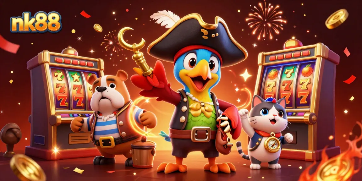 Spin and win at nk88 with a lively 3D pirate scene featuring slot machines and vibrant casino gaming elements.