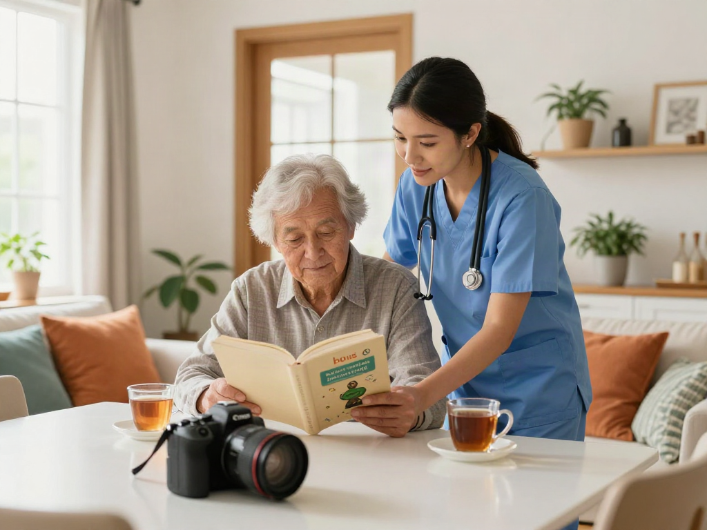 Caregiver and elderly person enjoying tea and reading together, emphasizing bonus new member support in home health care.