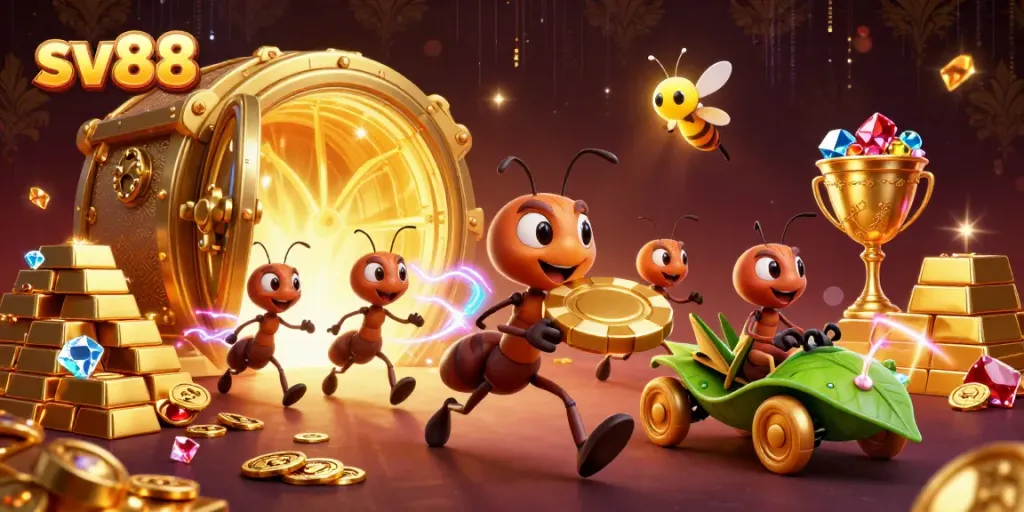 Join the sv88 adventure in an exciting heist featuring ants carrying a giant poker chip.