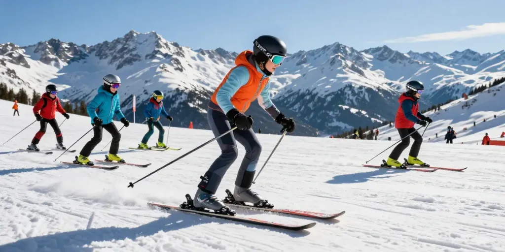 Lizz Görgl zeigt jungen Athleten auf der Skipiste ihre Ski-Techniken während eines Trainingslagers.